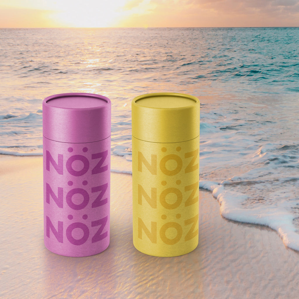 Front view of Noz Sunscreen Sticks in purple and yellow on a sunrise beach